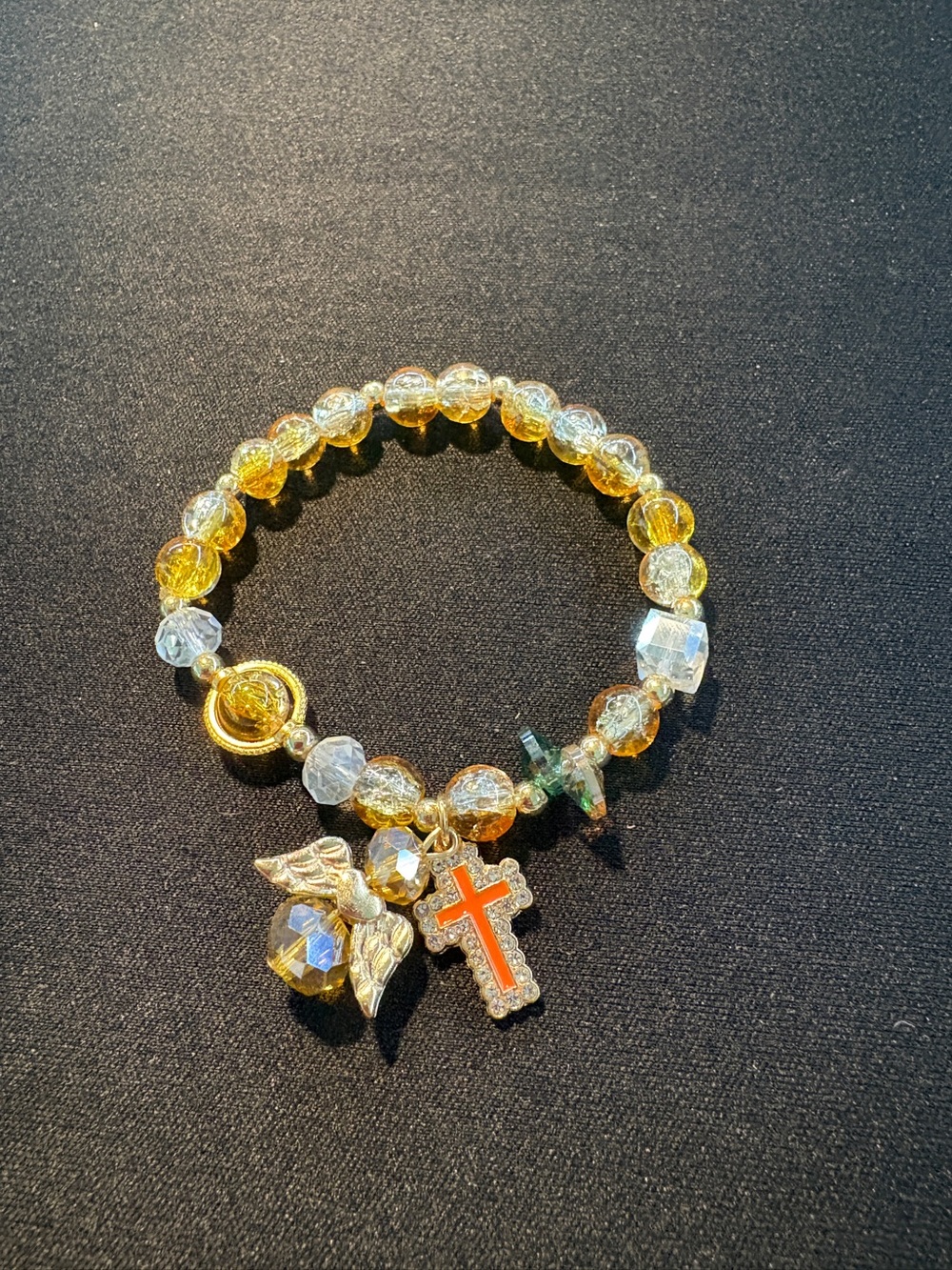 Gold and Clear Beaded Charm Bracelet with Orange Cross